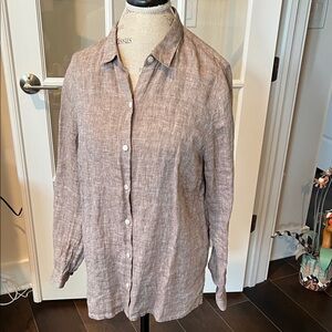 Ladies Linen Long-Sleeve Button-Up Shirt - Cocoa Brown & White